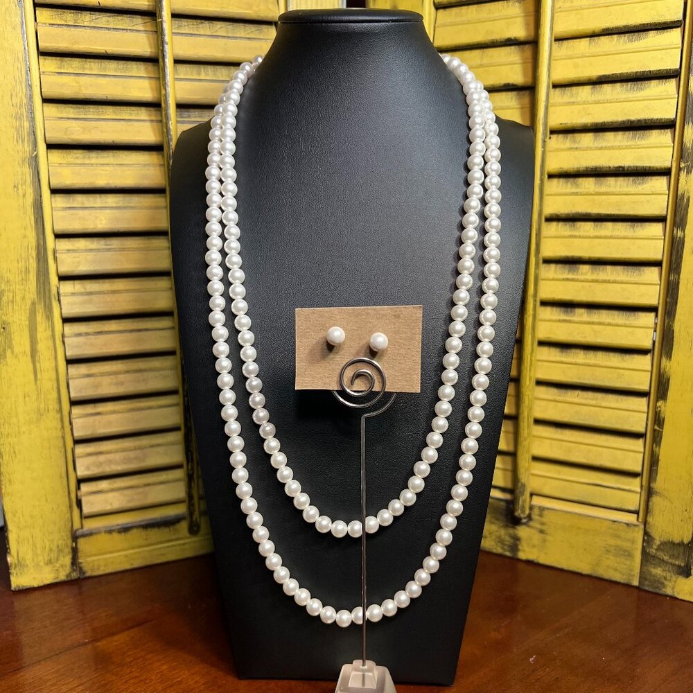 Vintage Japan Signed Faux Pearl Flapper Length Necklace w Matching Post Earrings